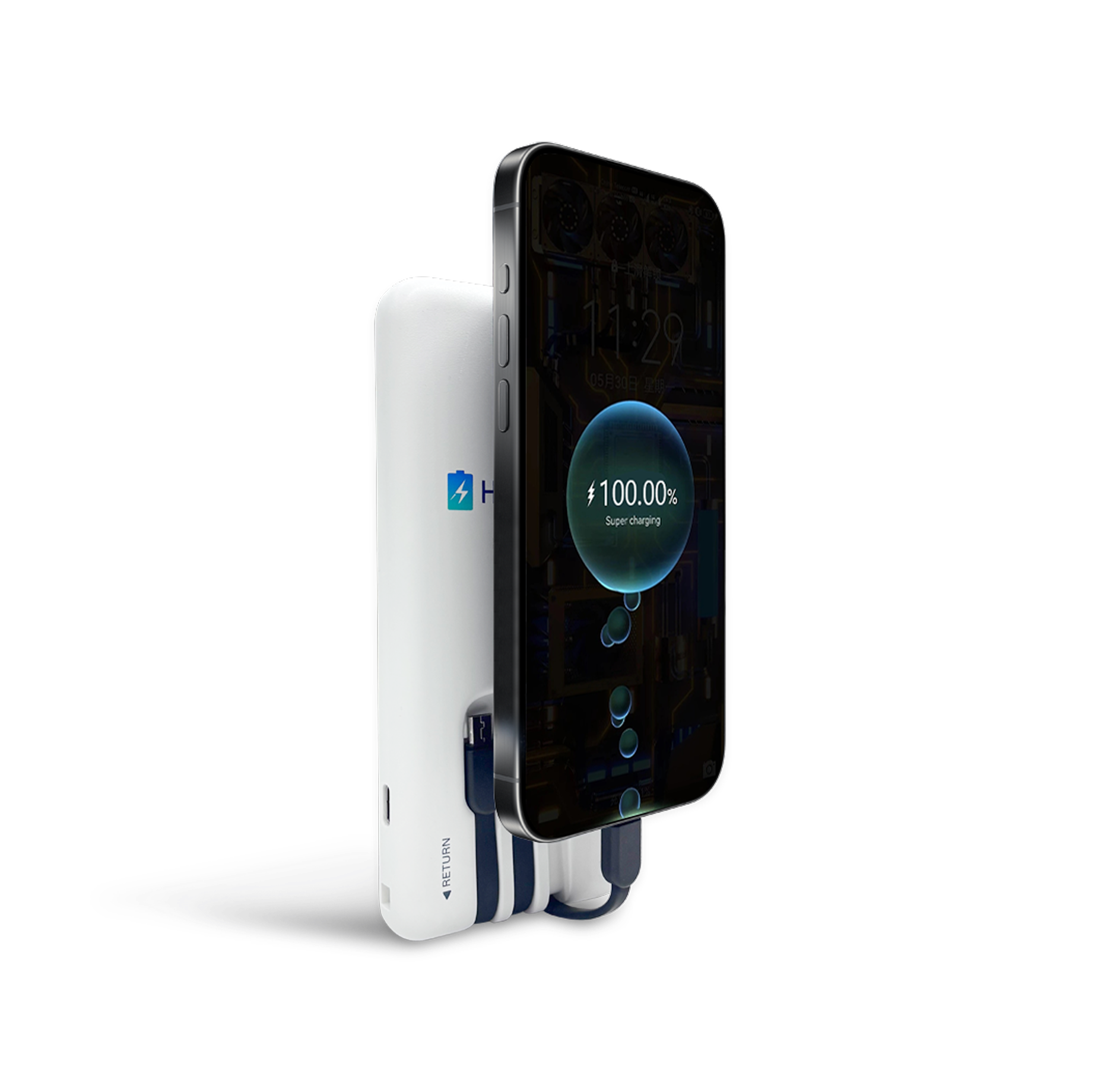 A PlugInTouch shared power bank charging a phone